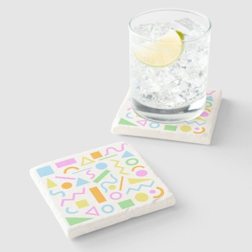 80s Style Shape Pattern Color on White Stone Coaster