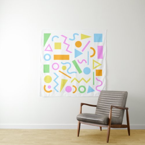 80s Style Shape Pattern Color on White Tapestry