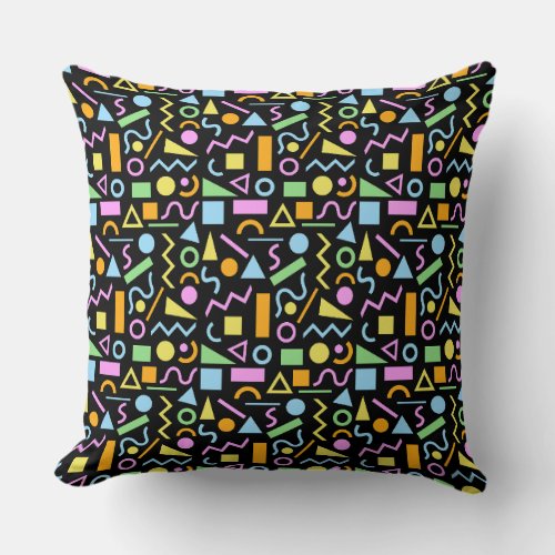 80s Style Shape Rpt Pattern Color on Black Throw Pillow