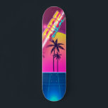 80's style skateboard, retro futuristic landscape skateboard<br><div class="desc">80's style retro-futuristic looking skateboard,  saying "Ride with me". Futuristic,  neon looking landscape in the composition.</div>