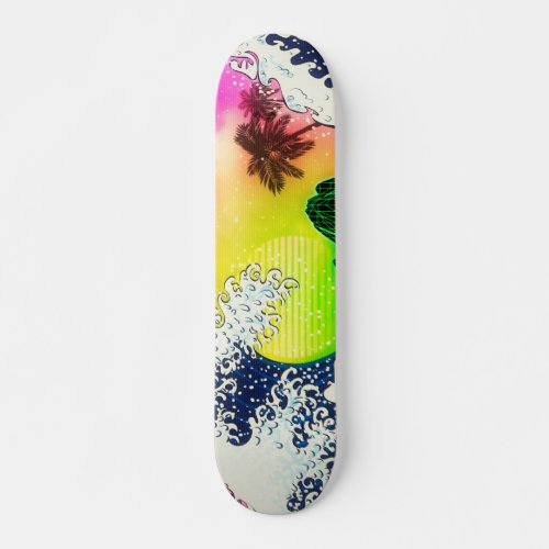 80s style The great wave and palm trees Skateboard