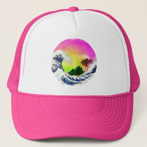 80s style The great wave and palm trees Trucker Hat