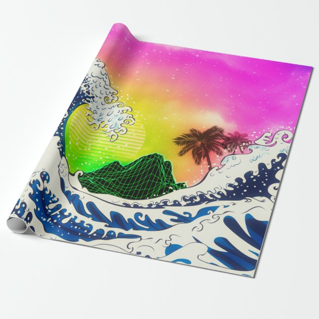 80s style The great wave and palm trees Wrapping Paper (Unrolled)