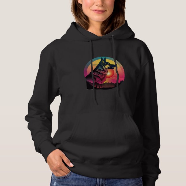 80s Synthwave German Shepherd with a Retro Aesthet Hoodie (Front)