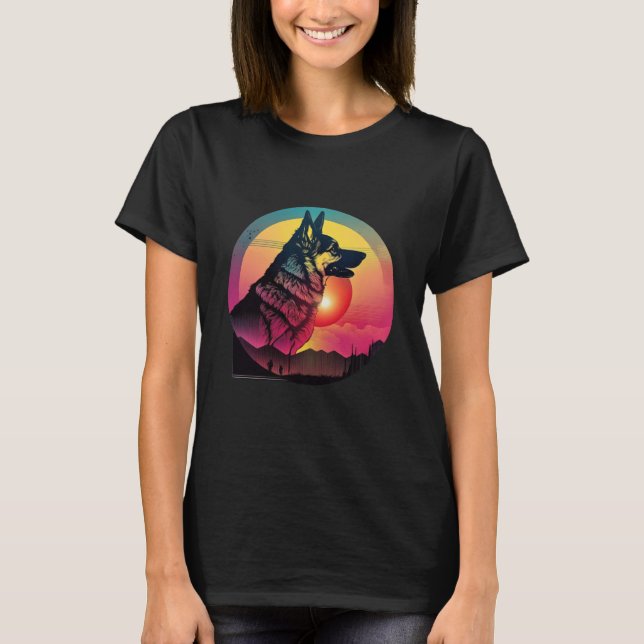 80s Synthwave German Shepherd with a Retro Aesthet T-Shirt (Front)