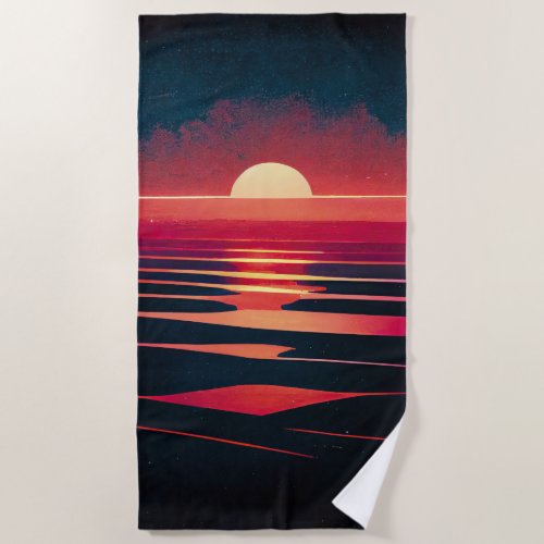 80s Synthwave Red Sea And Vintage Sunset Beach Towel