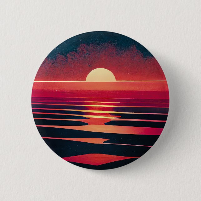 80s Synthwave Red Sea And Vintage Sunset Button (Front)