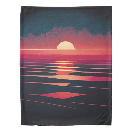 80s Synthwave Red Sea And Vintage Sunset Duvet Cover