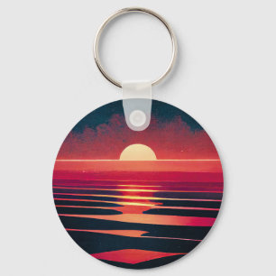 80s Synthwave Red Sea And Vintage Sunset Keychain