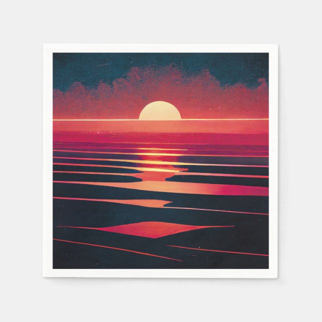 80s Synthwave Red Sea And Vintage Sunset Napkins (Front)