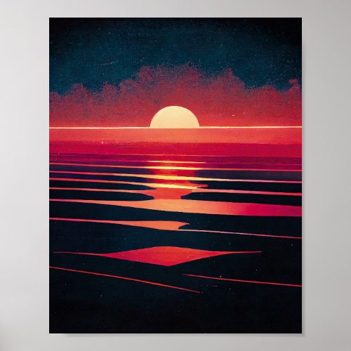 80s Synthwave Red Sea And Vintage Sunset Poster