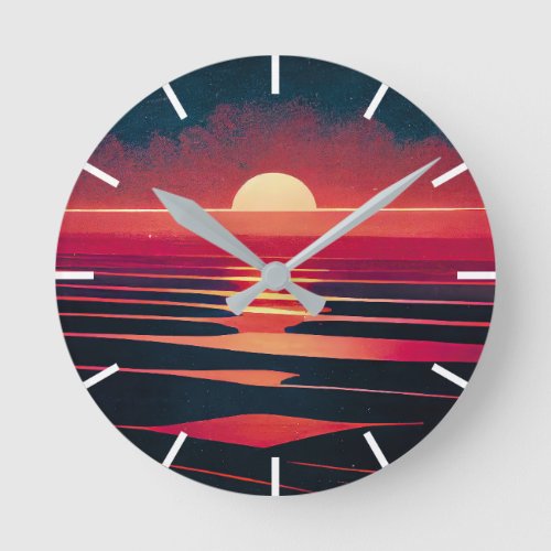 80s Synthwave Red Sea And Vintage Sunset Round Clock