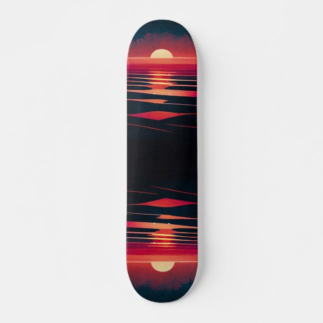 80s Synthwave Red Sea And Vintage Sunset Skateboard (Front)