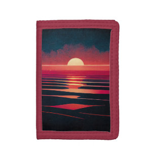 80s Synthwave Red Sea And Vintage Sunset Tri-fold Wallet