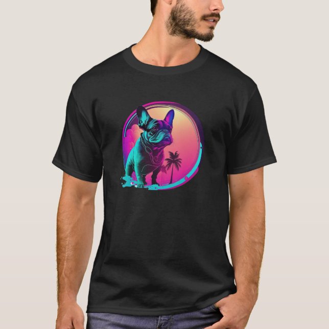 80s Synthwave Retrowave with French Bulldog Aesthe T-Shirt (Front)