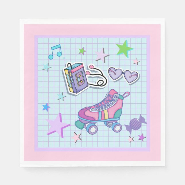 80's theme birthday party, roller skate party napkins (Front)