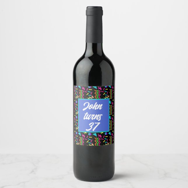 80's theme pattern retro black  birthday wine label (Front)