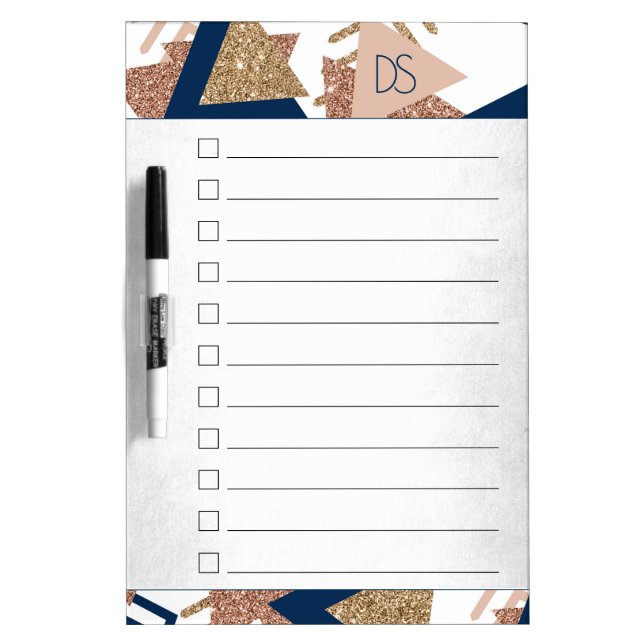 80s Trendy Abstract | Navy and Rose Gold Checklist Dry Erase Board (Front)