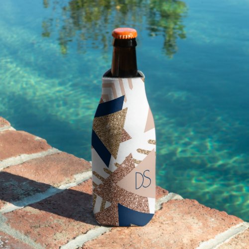 80s Trendy Abstract  Navy and Rose Gold Monogram Bottle Cooler