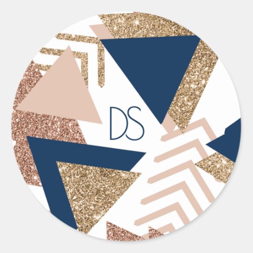 80s Trendy Abstract  Navy and Rose Gold Monogram Classic Round Sticker