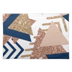 80s Trendy Abstract Navy and Rose Gold Monogram Cloth Placemat