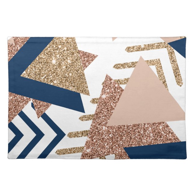 80s Trendy Abstract | Navy and Rose Gold Monogram Cloth Placemat (Front)