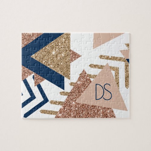 80s Trendy Abstract  Navy and Rose Gold Monogram Jigsaw Puzzle