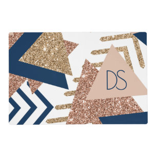 80s Trendy Abstract Navy and Rose Gold Monogram Placemat
