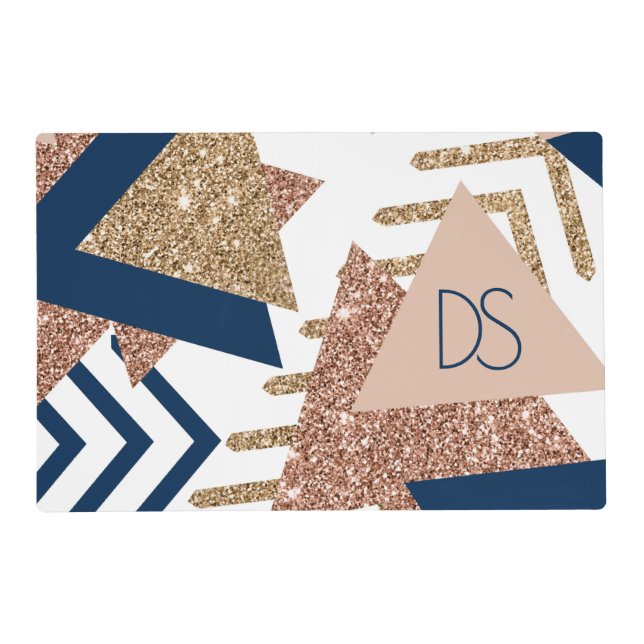 80s Trendy Abstract | Navy and Rose Gold Monogram Placemat (Front)