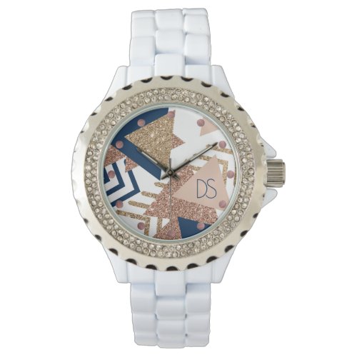 80s Trendy Abstract  Navy and Rose Gold Monogram Watch