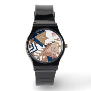 80s Trendy Abstract Navy and Rose Gold Monogram Watch