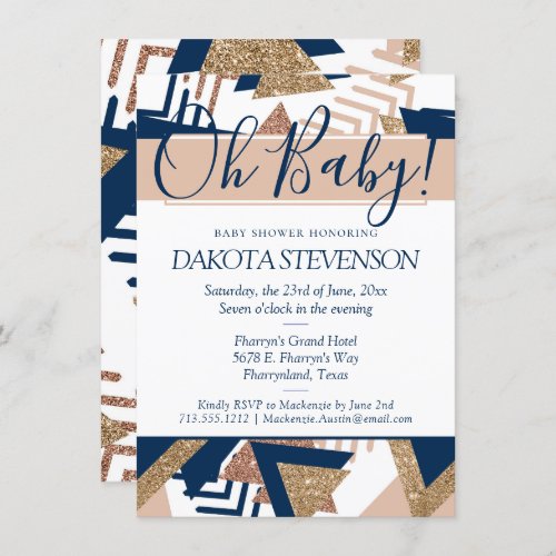 80s Trendy Abstract  Navy and Rose Gold Oh Baby Invitation