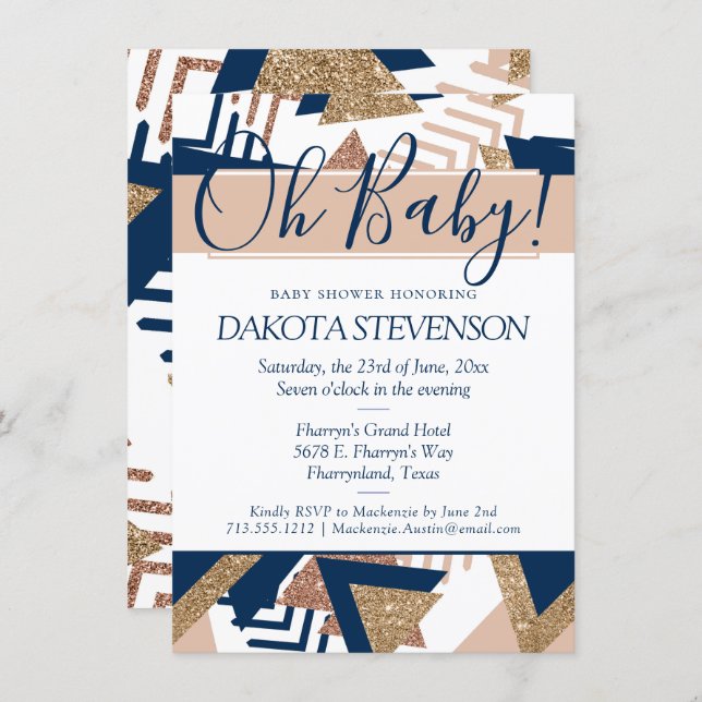 80s Trendy Abstract | Navy and Rose Gold Oh Baby Invitation (Front/Back)