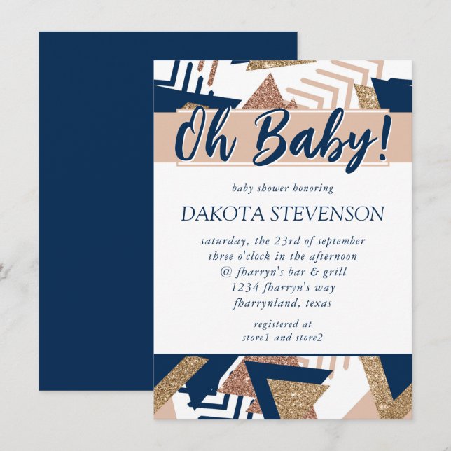 80s Trendy Abstract | Navy and Rose Gold Oh Baby Invitation (Front/Back)