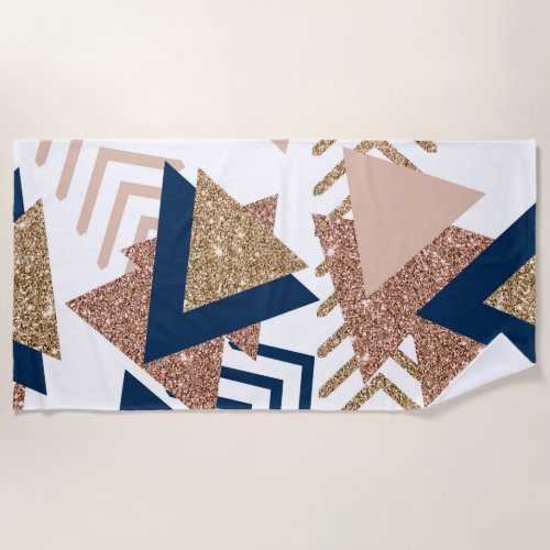 80s Trendy Abstract  Navy and Rose Gold Pattern Beach Towel
