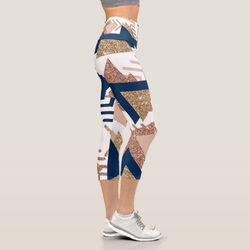 80s Trendy Abstract  Navy and Rose Gold Pattern Capri Leggings