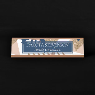 80s Trendy Abstract   Navy and Rose Gold Pattern Desk Name Plate