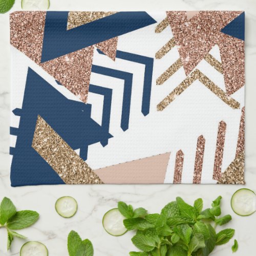 80s Trendy Abstract  Navy and Rose Gold Pattern Kitchen Towel