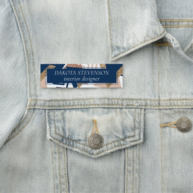80s Trendy Abstract | Navy and Rose Gold Pattern Name Tag (In Situ)