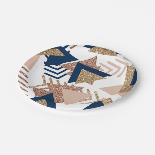 80s Trendy Abstract  Navy and Rose Gold Pattern Paper Plates