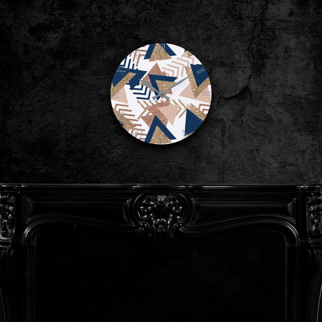 80s Trendy Abstract | Navy and Rose Gold Pattern Round Clock (Creator Uploaded)