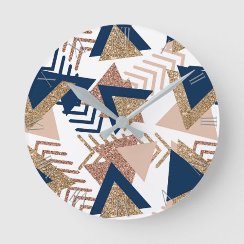 80s Trendy Abstract  Navy and Rose Gold Pattern Round Clock