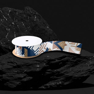 80s Trendy Abstract Navy and Rose Gold Pattern Satin Ribbon