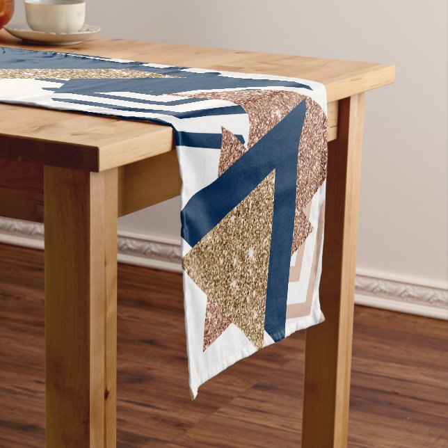 80s Trendy Abstract | Navy and Rose Gold Pattern Short Table Runner (In Situ)
