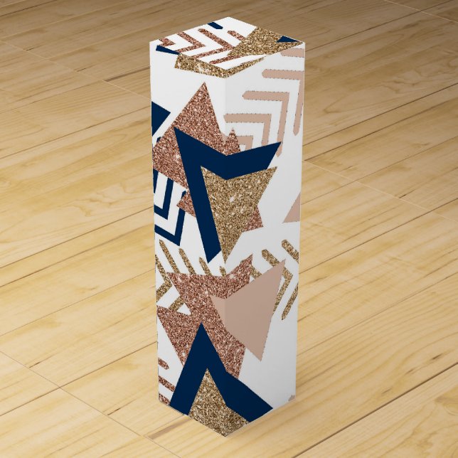 80s Trendy Abstract | Navy and Rose Gold Pattern Wine Box (Front)