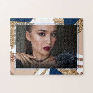 80s Trendy Abstract Navy Rose Gold Grad Photo Jigsaw Puzzle