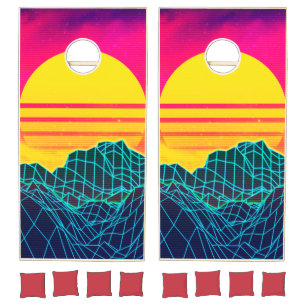 80s Vaporwave landscape with neon mountains Cornhole Set