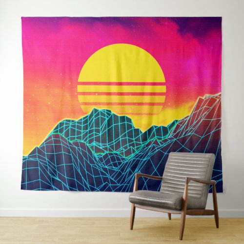 80s Vaporwave landscape with neon mountains Tapestry