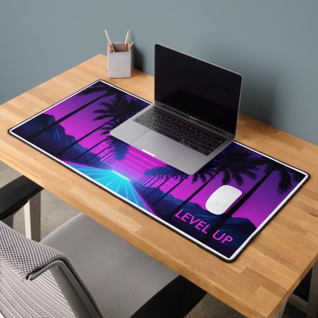 80s Vaporwave Neon Grid Desk Mat with Palm Trees (Office 2)