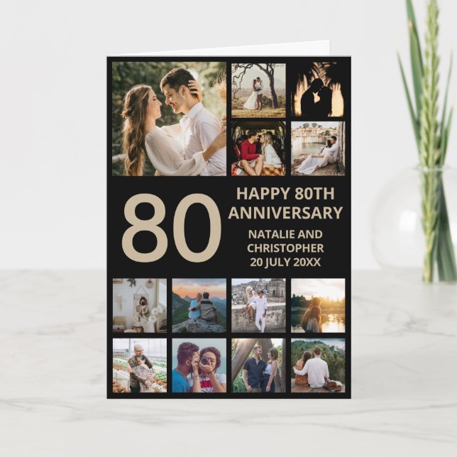 80th Anniversary 13 Photo Collage Black and Gold Card (Front)
